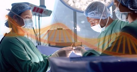 Diverse Surgeons in Operating Room with DNA Strand Overlay