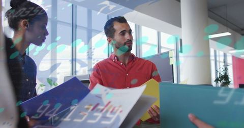 Multicultural Team Collaborating in Trend-Overlayed Modern Office