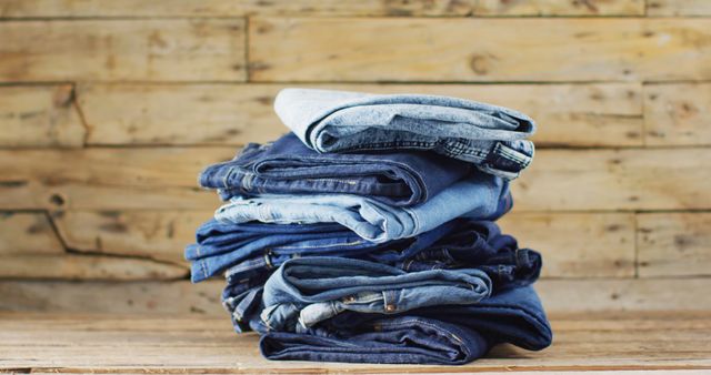 Stack of various shades of denim jeans neatly folded on a rustic wooden table. Ideal for blog posts on fashion trends, clothing organization tips, retail promotions, or advertisements for denim brands. Also useful for illustrating texts about casual wear and wardrobe essentials.
