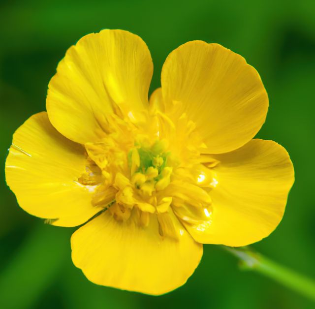 This vibrant close-up of a yellow buttercup flower captures the delicate beauty of spring blossoms. Ideal for nature and gardening blogs, environmental awareness campaigns, or decorative purposes such as wall art and greeting cards.