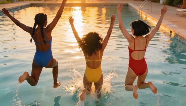 Three friends jumping into pool at golden hour splashing water in colorful swimsuits