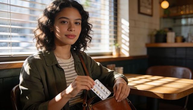 Young woman retrieving medication from purse at sunlit cafe table with blinds