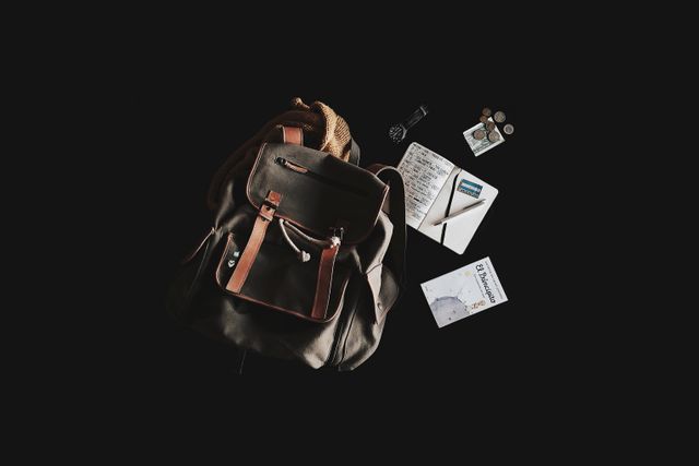 This image shows travel essentials placed on a dark background, including a brown backpack, a journal with a pen, some coins, a Suttridetect book, and a camera. Perfect for illustrating articles, blog posts on travel tips, adventure preparation, packing efficiently, and minimalist travel gear.