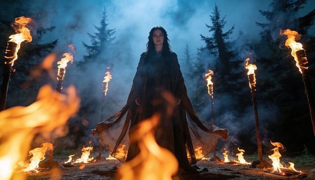 Mystic woman standing in torch-lit forest ritual wearing flowing dark cloak, firelight