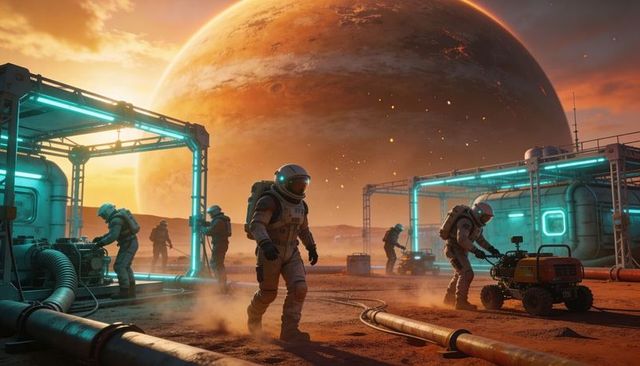 Astronaut crew constructing mars outpost with rover, hoses and teal habitat lighting