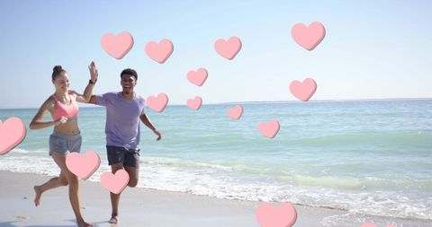 Romantic Couple Running on Beach with Heart Overlays