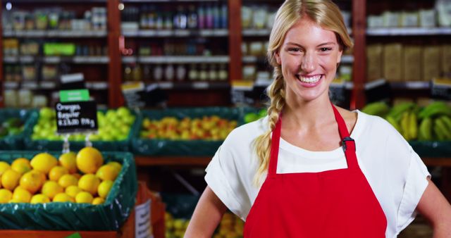 A blonde female grocery store worker smiling while standing in front of the fruit section. She is wearing a red apron, adding a vibrant and welcoming touch. Ideal for stock images depicting customer service, retail work environments, and friendly service in supermarkets.