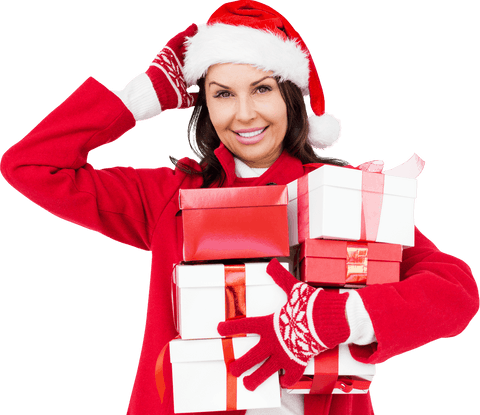 Smiling Woman Holding Holiday Gifts in Red Outfit and Transparent Background