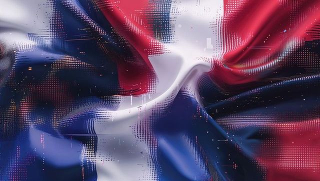 Flowing red, white, and blue cloth with glitch in virtual space