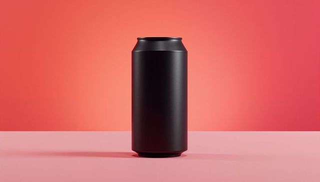 Minimalist matte black energy drink can with gradient background
