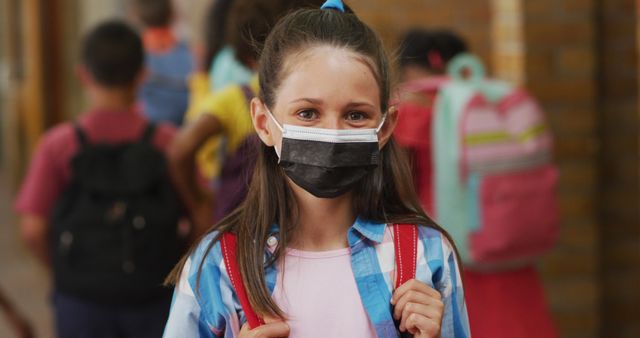 Young girl wearing a protective mask standing in a school hallway with a backpack. Ideal visual for topics related to public health, education, back-to-school protocols, and safety during the Covid-19 pandemic. Suitable for educational materials, health awareness campaigns, and school newsletters.