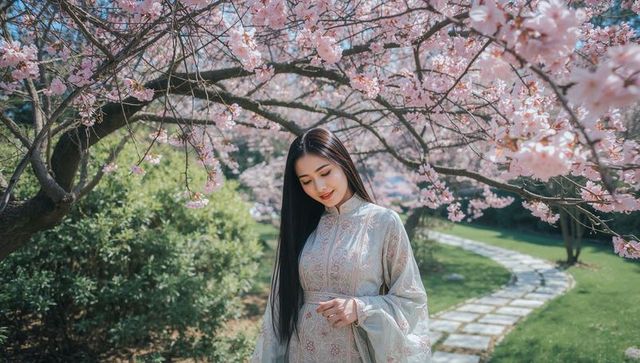 Standing asian woman posing under cherry blossoms in embroidered traditional robe