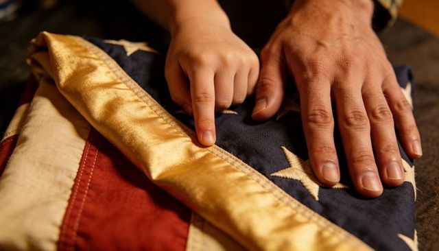 Child pointing adult hand touching folded gold-fringed us flag patriotic family moment