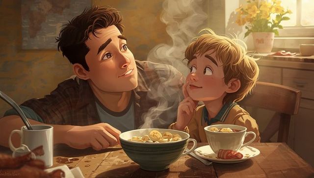 Father and Son Enjoying Breakfast Together at Cozy Kitchen Table