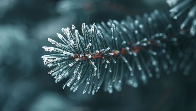 Frost-coated evergreen branch in winter wonderland