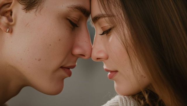 Young couple leaning foreheads together pressing noses in intimate closeup portrait