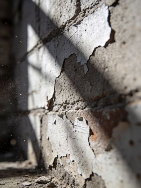 Peeling white paint revealing weathered brick and concrete with sunlit window shadow