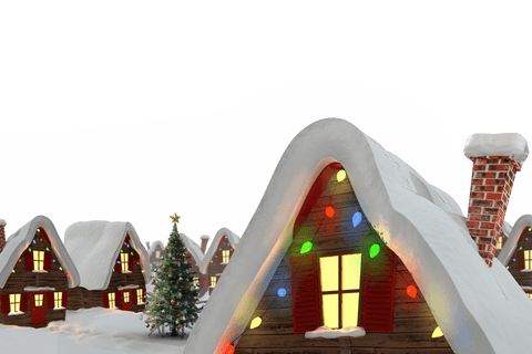 Charming Cottages with Snow and Festive Lights on Transparent Background