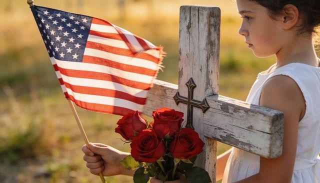 Young girl holding american flag and red roses beside weathered wooden cross at memorial