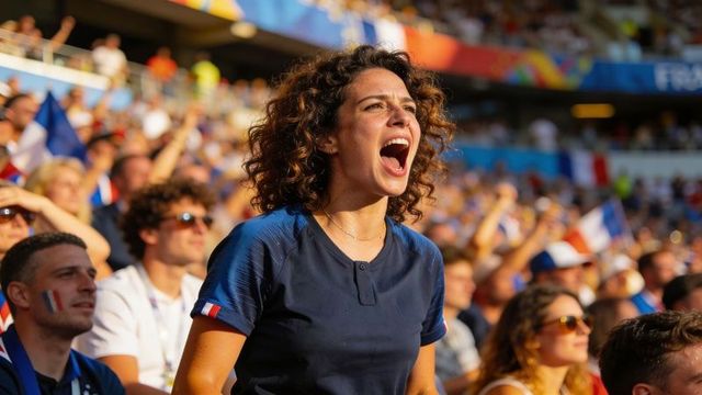 Passionate female fan cheering loudly at soccer match wearing tricolor sleeve