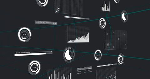 Virtual 3D Data Dashboard Showing Floating Graph Panels, Circular Gauges, Wireframe Tunnel
