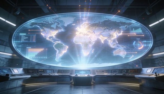 Futuristic command center with oval holographic world map and interactive data overlays