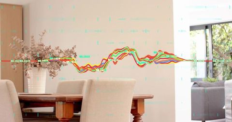 Sunlit minimalist dining room with wooden table, beige chairs and cyan waveform overlay