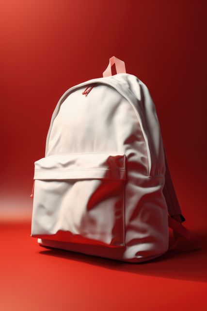Close up of white school bag on red background, created using generative ai technology. School, education and learning concept digitally generated image.