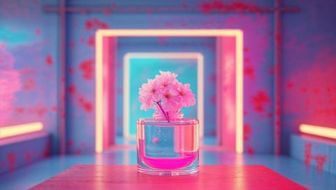 Futuristic Neon Blossoms in Glass Vase Corridor