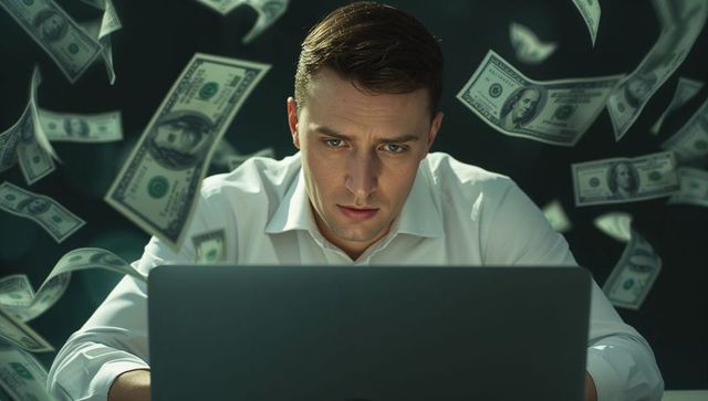 Focused man engaging in online banking amidst falling dollar bills