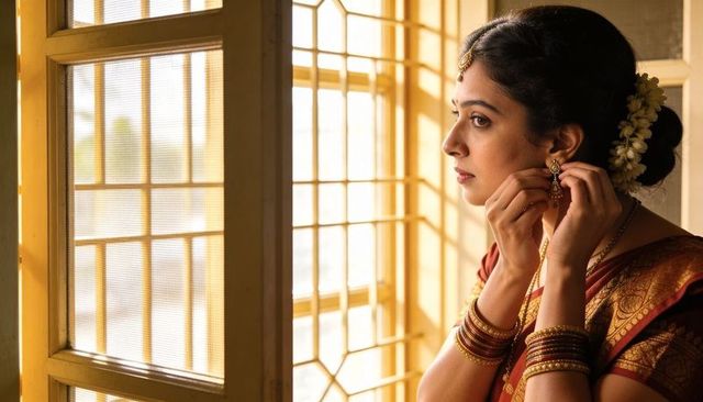 Adjusting earring indian woman wearing silk saree and jasmine garland by window