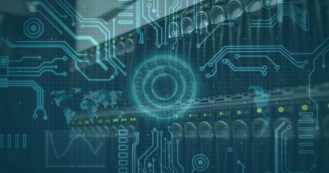 Illustration of global technology interface with virtual elements over a computer server. Features scope scanning, digital graphics, and a world map, symbolizing global connection, data processing, and advanced tech. Ideal for use in cybersecurity presentations, tech blogs, digital innovation articles, and IT-related content.