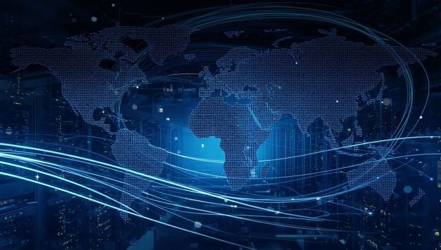 World Map Overlay on Server Room Highlighting Global Data Connectivity