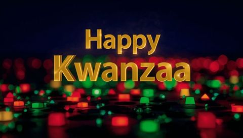 Golden Happy Kwanzaa 3D Text with Red and Green Bokeh Lights Holiday Background