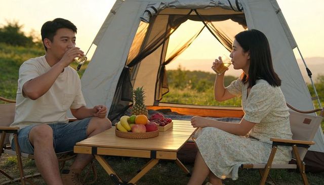 Couple relaxing at sunset camping drinking juice by tent with fruit basket on table