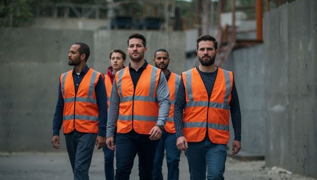 Men in orange vests walking at construction site