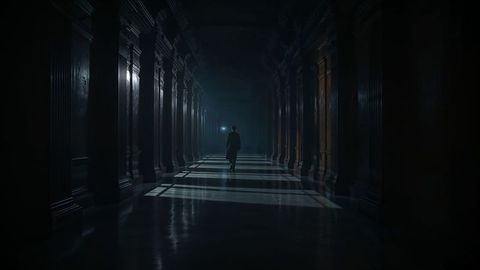 Mysterious prosecutor man wanders dark historic corridor with flashlight