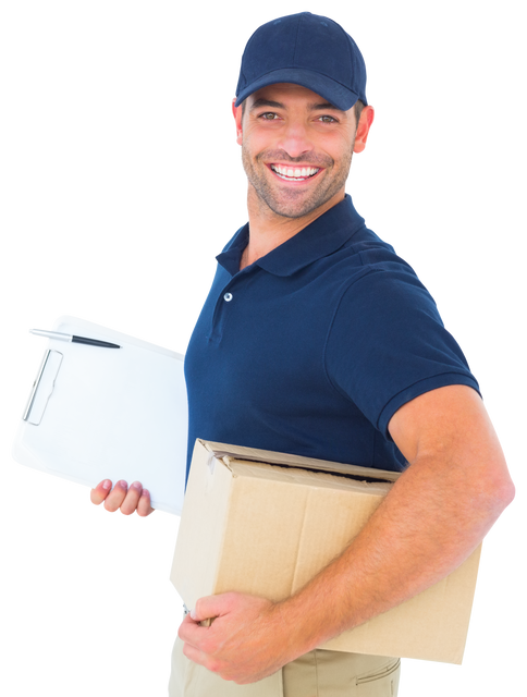 Smiling Delivery Man Holding Cardboard Box and Clipboard, Transparent Background - Download Free Stock Videos Pikwizard.com