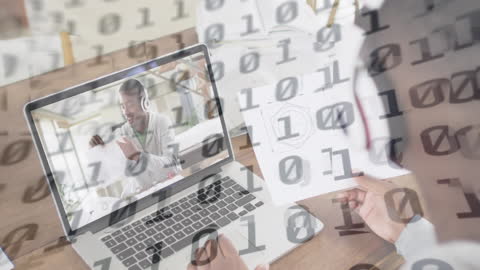 African American Man Video Conferencing with Data Overlay