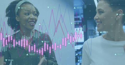 Diverse women analyzing data with advanced digital graphics overlay