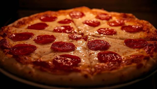 Melting mozzarella pepperoni pizza with glossy oil sheen on golden baked crust
