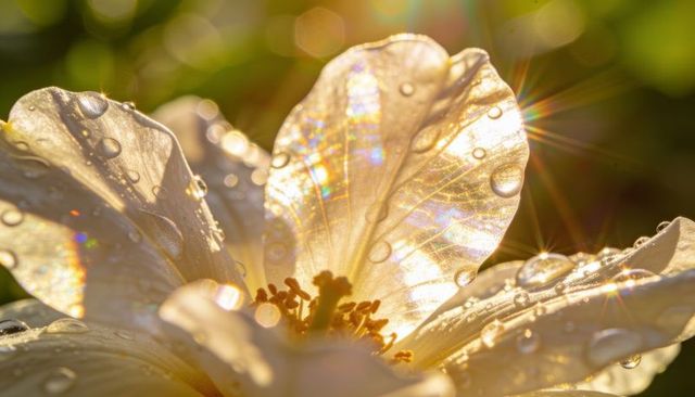 Glowing cream blossom featuring dew drops and iridescent veins at golden hour