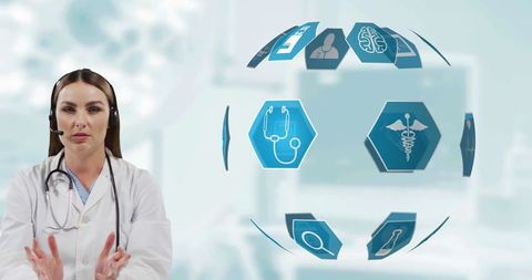 Confident female doctor with headset interacting with medical info sphere