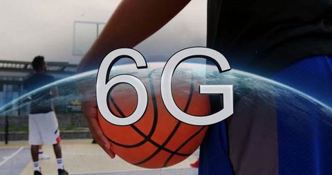 Basketball player on outdoor court with 6g technology concept