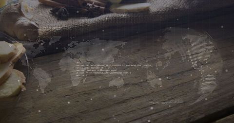 Digital world map overlay with rustic culinary elements