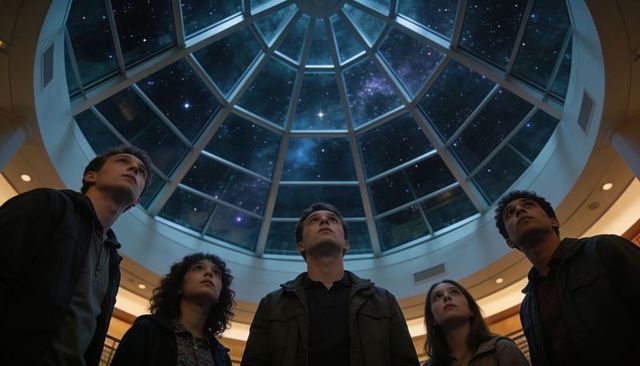 Students gazing up at starry skylight dome in modern atrium, night sky wonder