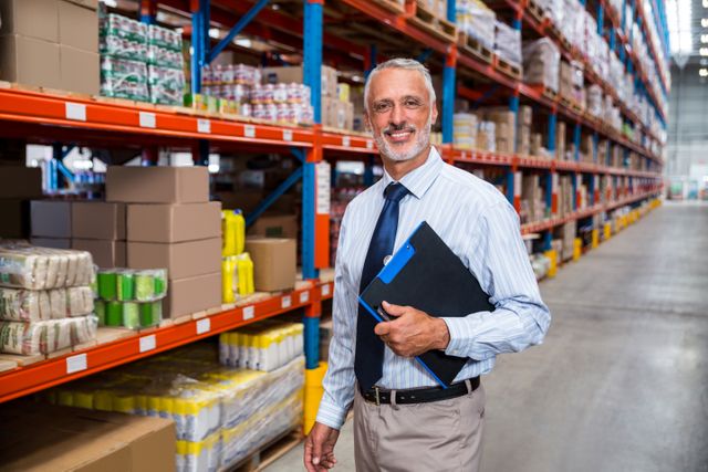 Senior businessman smiling while supervising warehouse operations. Ideal for use in articles or advertisements related to logistics, inventory management, supply chain, and professional business environments. Can also be used for corporate training materials or business presentations.