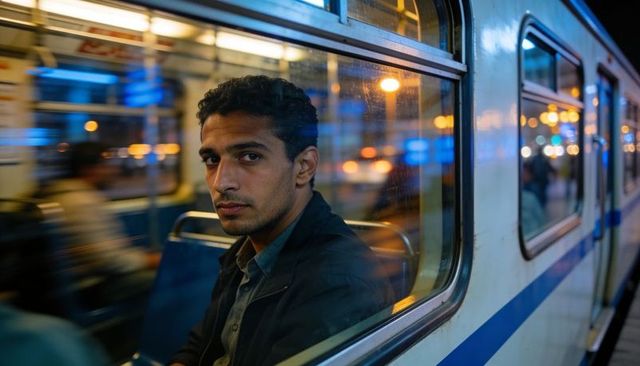 Young man gazing through commuter train window at night with city light reflections