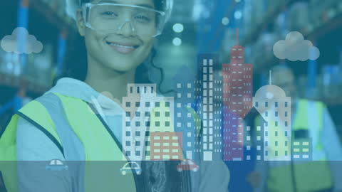 Smiling Warehouse Worker with Data Overlay Illustration