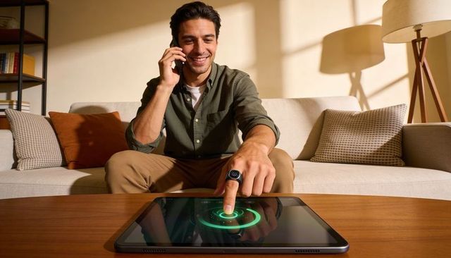Smiling man talking on phone tapping tablet with glowing circular ui and smart ring